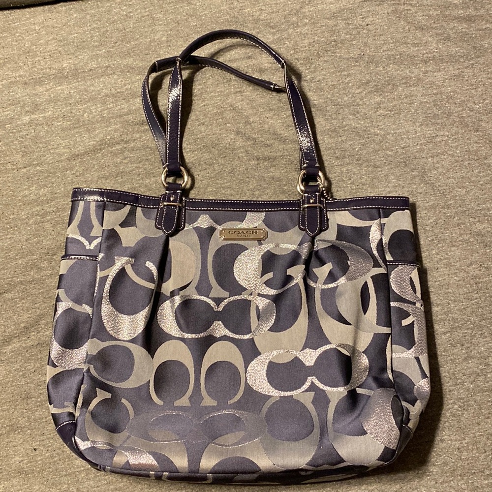 Coach Navy and Silver Signature Shoulder Bag